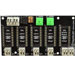 Features This new and improved LDD board now comes with a 5th slot for an SCW driver, capable of powering 12V items such as a fan or controller Use this 4 channel board to connect up to 4 Meanwell LDD series drivers without having to solder or use wire nuts. Comes with attached push terminals for super quick installation and modifications Drivers attach to the board via DIP sockets for quick and easy installation. DIP sockets are already attached to the board for your convenience Optional 5th slot for an SCW05X with two output terminals Includes mounting hardware at no additional charge Includes pull-down jumpers to turn default dimming ON/OFF without dimming signal Specifications SKU : LDD-H-4S Number Of Outputs : 4 (With 2 SCW Outputs) LDD-H-4S Driver Board