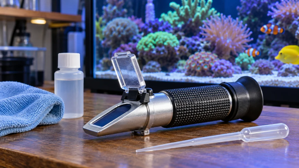 A handheld seawater refractometer beside a pipette, calibration bottle, and soft cleaning cloth.