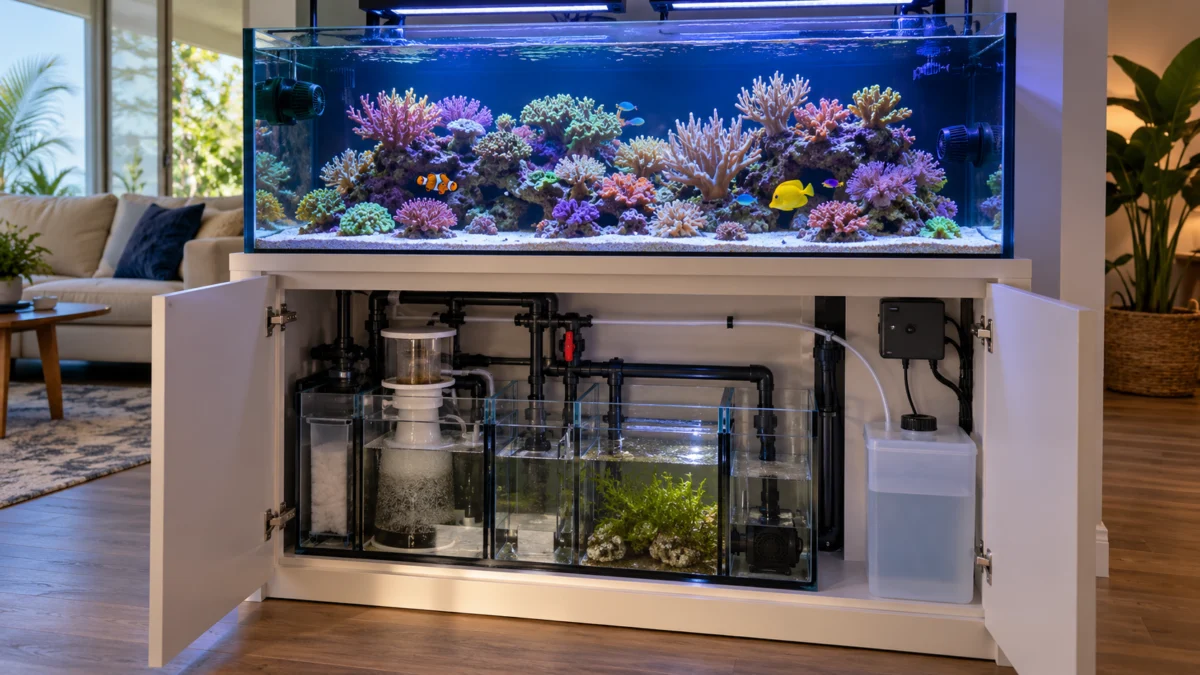 Reef aquarium with a separate freshwater reservoir and automatic top-off equipment beneath the tank.